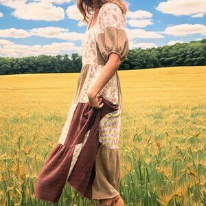 Neuflora Patchwork Claremore Dress Sz. Large Beige Maroon Cottagecore Homestead